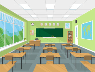 School or college classroom interior with chalkboard, teacher's table, desks, school supplies. Flat design vector illustration