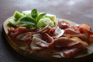 Italian prosciutto crudo or jamon. Raw ham

