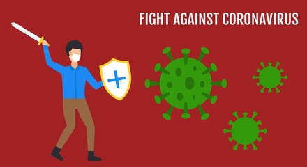 pandemic coronavirus covid-19 healthy boy attack or fight against viruses with protection shield and sword in hand with maroon background vector illustration in flat style,