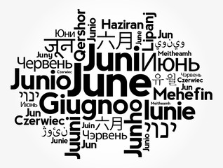 June in different languages of the world, word cloud concept background