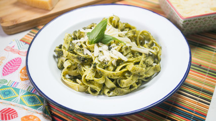 Tagliatelle with pesto sauce and parmesano