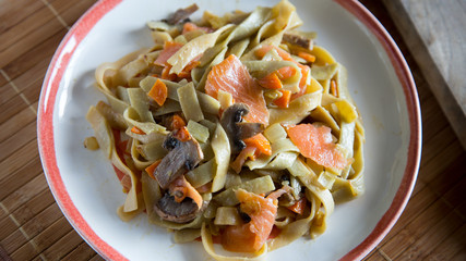 Tagliatele with mushrooms and salmon