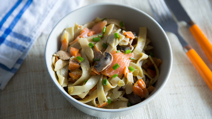 Tagliatele with mushrooms and salmon
