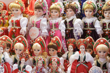 Traditional dolls on sale in the Great Market, Budapest, Hungary.