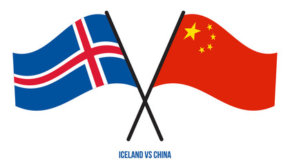 Iceland and China Flags Crossed And Waving Flat Style. Official Proportion. Correct Colors