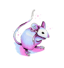 A pink mouse is chewing something with a yellow ribbon on its cheek. Technique markers.