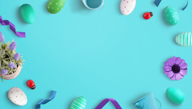Easter composition on blue desk. Top view, flat lay. Easter eggs and decorations. Copy space in the middle