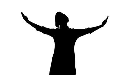 Portrait of black silhouette of cook girl raising hands and head up.