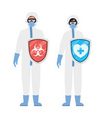 Doctors with protective suits and shields against 2019 ncov virus vector design