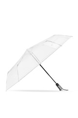 Subject shot of a transparent automatic umbrella with metal ribs and a loop on the handle. The PVC umbrella is isolated on the white backdrop. 