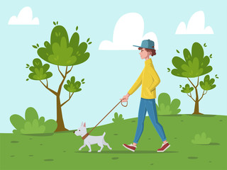 A young man is walking with white dog in park or forest with green trees and bushes. Vector illustration.