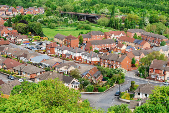 Normal small English town   Conisbrough  in Yorkshire on summer  beautiful sunny day.