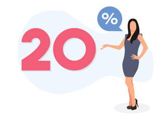 Businesswoman and discount offer. 20 percent discount. Discount offer price concept. Advertising illustration with pretty businesswoman.