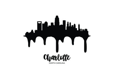 Charlotte North Carolina black skyline silhouette vector illustration on white background with dripping ink effect. - obrazy, fototapety, plakaty
