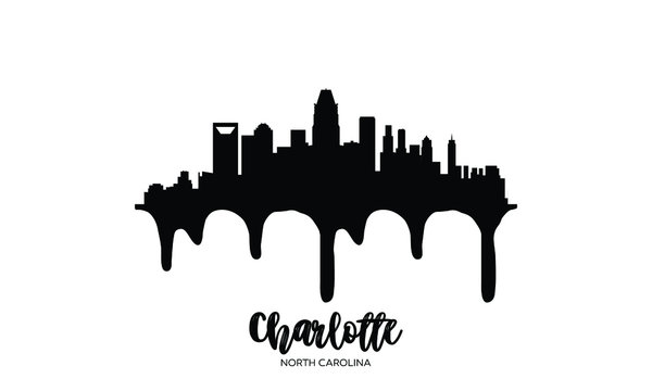 Charlotte North Carolina black skyline silhouette vector illustration on white background with dripping ink effect.