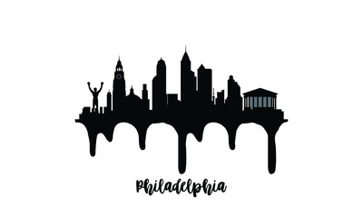 Philadelphia black skyline silhouette vector illustration on white background with dripping ink effect.