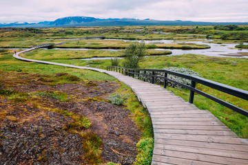 Fototapeta na wymiar wooden walkway trail in iceland national park in summer on a cloudy day