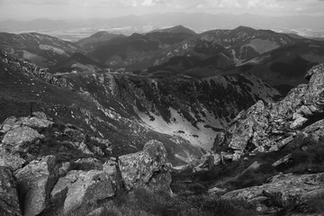 Beautiful mountain scenery in the Low Tatras from the peak of Chopok, Resort Jasna, Slovakia. Black and white mountain photos 