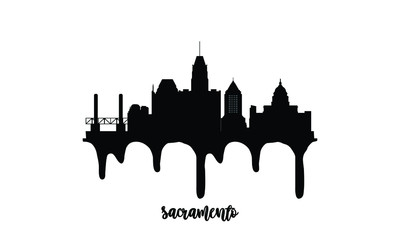 Sacramento black skyline silhouette vector illustration on white background with dripping ink effect. - obrazy, fototapety, plakaty