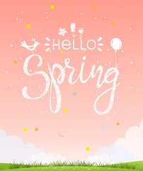 Hello Spring. Modern summer poster with background of natural landscape. Beautiful lettering letters on a sunny pink sky background. Simple vector illustration