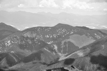 Beautiful mountain scenery in the Low Tatras from the peak of Chopok, Resort Jasna, Slovakia. Black and white mountain photos 