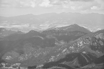 Beautiful mountain scenery in the Low Tatras from the peak of Chopok, Resort Jasna, Slovakia. Black and white mountain photos 