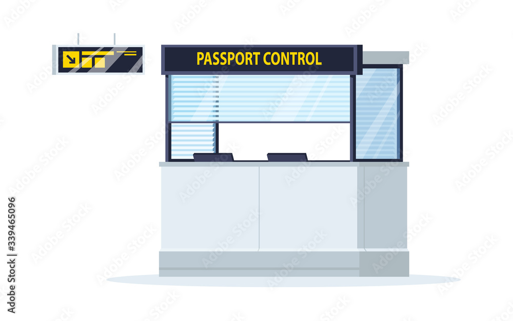 Poster passport control semi flat rgb color vector illustration. counter with glass window to check visa. b