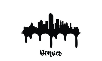 Denver USA black skyline silhouette vector illustration on white background with dripping ink effect.