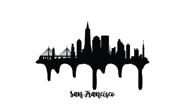 San Francisco USA black skyline silhouette vector illustration on white background with dripping ink effect.
