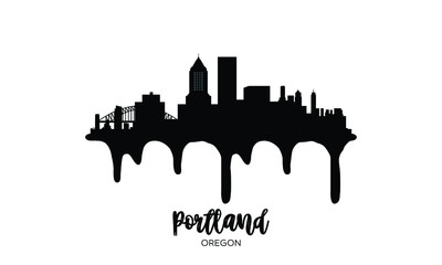 Portland black skyline silhouette vector illustration on white background with dripping ink effect.