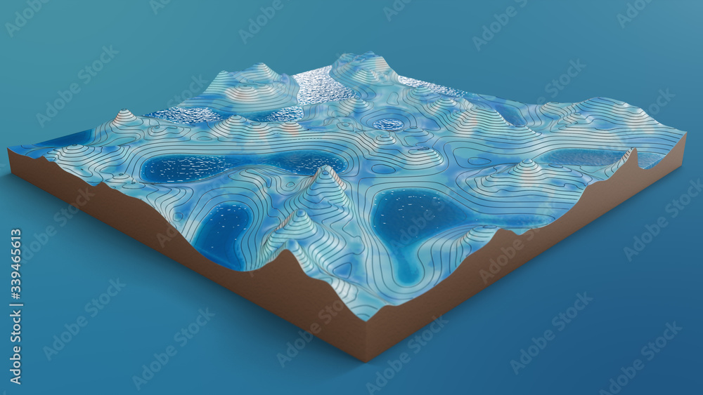 Aufkleber 3d rendering cross-section topographic 3d map with rivers and lakes. contour lines on a topographic 