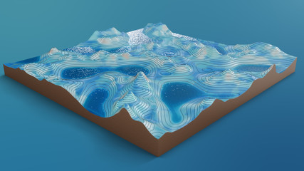 3D Rendering cross-section topographic 3D map with rivers and lakes. Contour lines on a topographic map. Cartography map on blue background