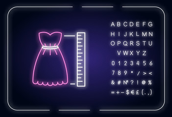 Product length neon light icon. Outer glowing effect. Measuring dress size, bespoke clothes tailoring parameters sign with alphabet, numbers and symbols. Vector isolated RGB color illustration