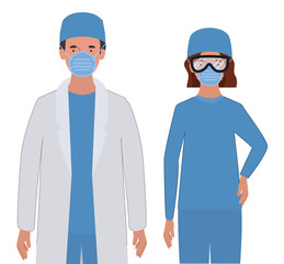 Man and woman doctor with uniforms mask and glasses vector design