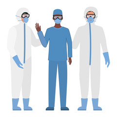 Doctors with protective suits glasses and masks against Covid 19 vector design