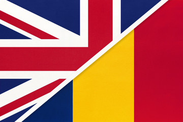 United Kingdom vs Chad national flag from textile. Relationship between two European and African countries.