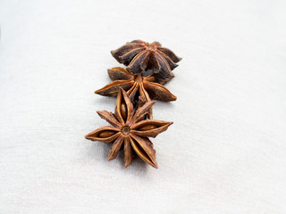 Star anise spice fruits and seeds on light background closeup seasons for coffee and desserts