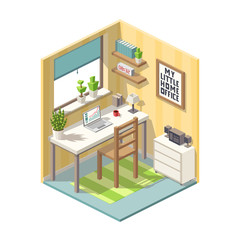 Isometric home office with furniture. Vector illustration with separate layers.