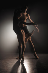Beautiful young acrobats or gymnasts on floodlights background. Professional ballet couple dancing...