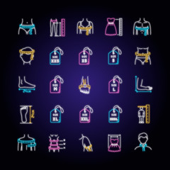 Clothing sizes neon light icons set. Human body measurements signs with outer glowing effect. Female and male dimensions and proportions parameters for apparel. Vector isolated RGB color illustrations