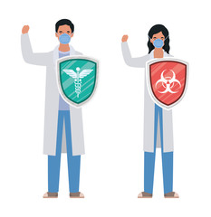 woman and man doctors heroes with shields against 2019 ncov virus vector design