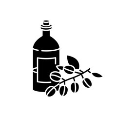 Jojoba oil black glyph icon. Liquid product in jar container for haircare. Natural cosmetic for nourishing hair treatment. Silhouette symbol on white space. Vector isolated illustration
