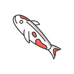 Koi carp RGB color icon. Japanese fish as luck symbol. Exotic chinese goldfish. White fish with red spots. Underwater wildlife animal. Cath and lure, fishery. Isolated vector illustration