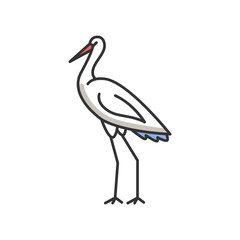 Crane bird RGB color icon. Heron standing in pose. Elegant animal in stance. Japanese bird with long neck. Fauna and wildlife. Zoology and birdwatching. Isolated vector illustration