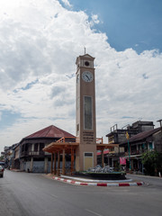 Nakorn Phanom, Thailand - Nov 18th, 2019: Vietnamese Clock Tower at the walking street of Nakhon Phanom