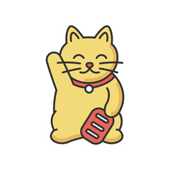 Gold maneki neko RGB color icon. Traditional japanese mascot to bring fortune. Oriental souvenir from Japan. Kitty talisman for luck. Cute kitten figurine with waving paw. Isolated vector illustration