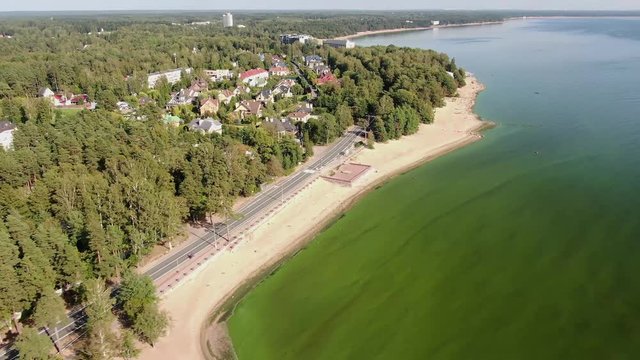 Aerial shot of beach, The Gulf of Finland in 4k, Zelenogorsk
