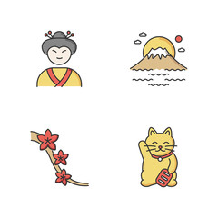 Japan RGB color icons set. Geisha face. Mount Fuji. Sakura tree flowers. Maneki neko. Asian souvenir. Fujiyama peak with sunrise. Traditional japanese attributes. Isolated vector illustrations