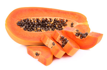 slices of sweet papaya on white background
