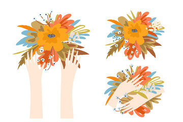 Obraz premium Female hands holding flowers rosette, arms holding colorful blossoms vintage hand drawn design collection. Vector decorative illustration.